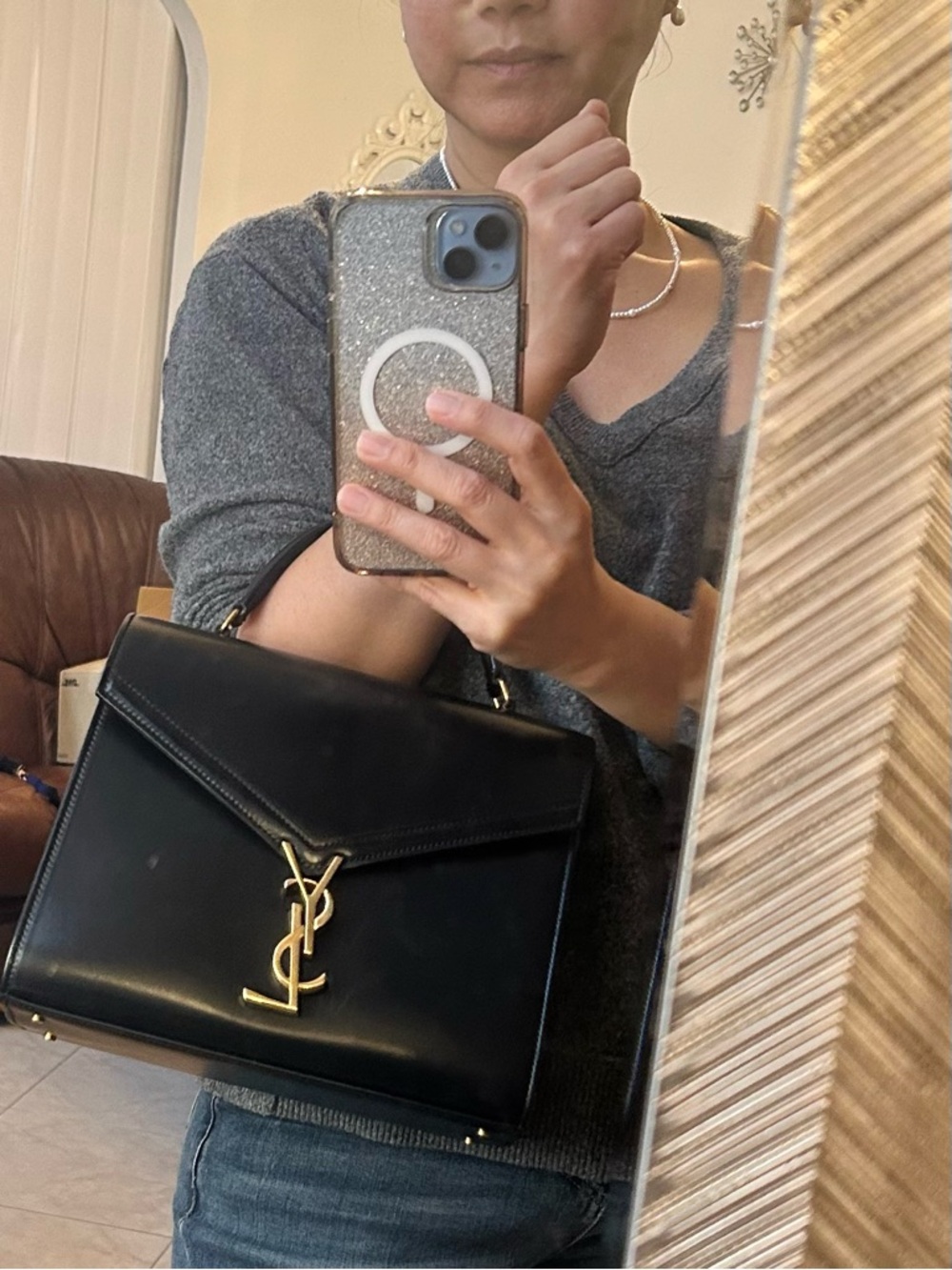 Saint Laurent Black Leather Top-Handle Satchel with Gold YSL Hardware - Picture 5 of 8